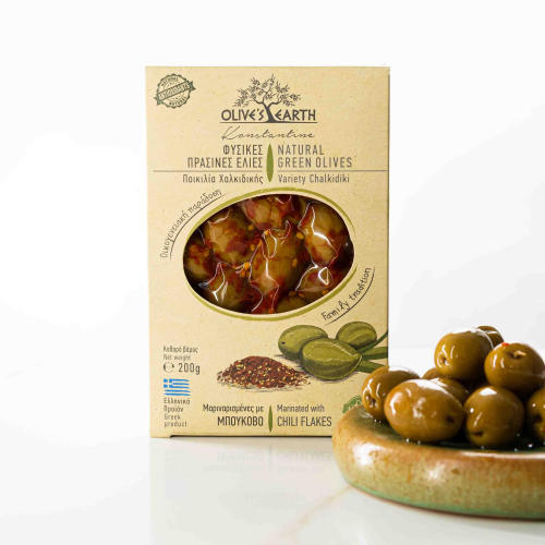 OLIWKI GRECKIE MARYNOWANE Z CHILI 200g - Olives Earth