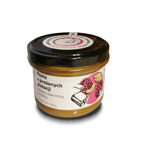PASTA Z PRAŻONYCH PISTACJI Z BIAŁĄ CZEKOLADĄ I MALINĄ 180g - Tree Nuts